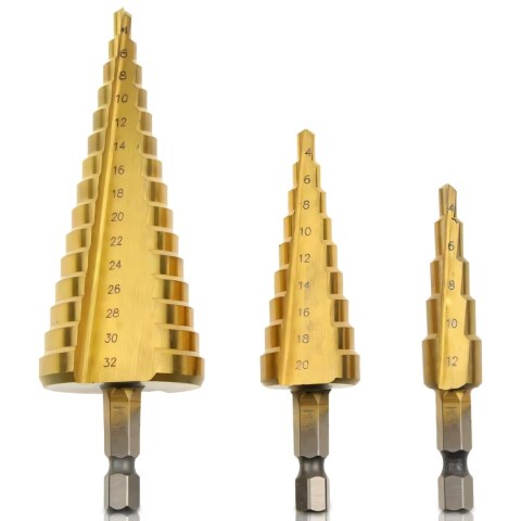 Wiertła stożkowe stopniowe do metalu 4-12/4-20/4-32 mm STAL - 3 szt.
