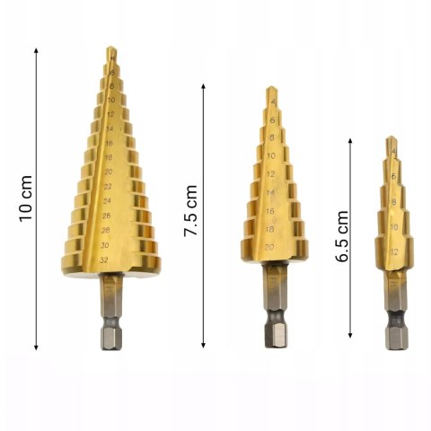Wiertła stożkowe stopniowe do metalu 4-12/4-20/4-32 mm STAL - 3 szt.