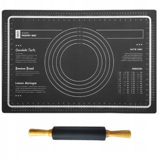 Zestaw wałek i stolnica mata silikonowa z podziałką do ciasta 60 x 40 cm - czarne